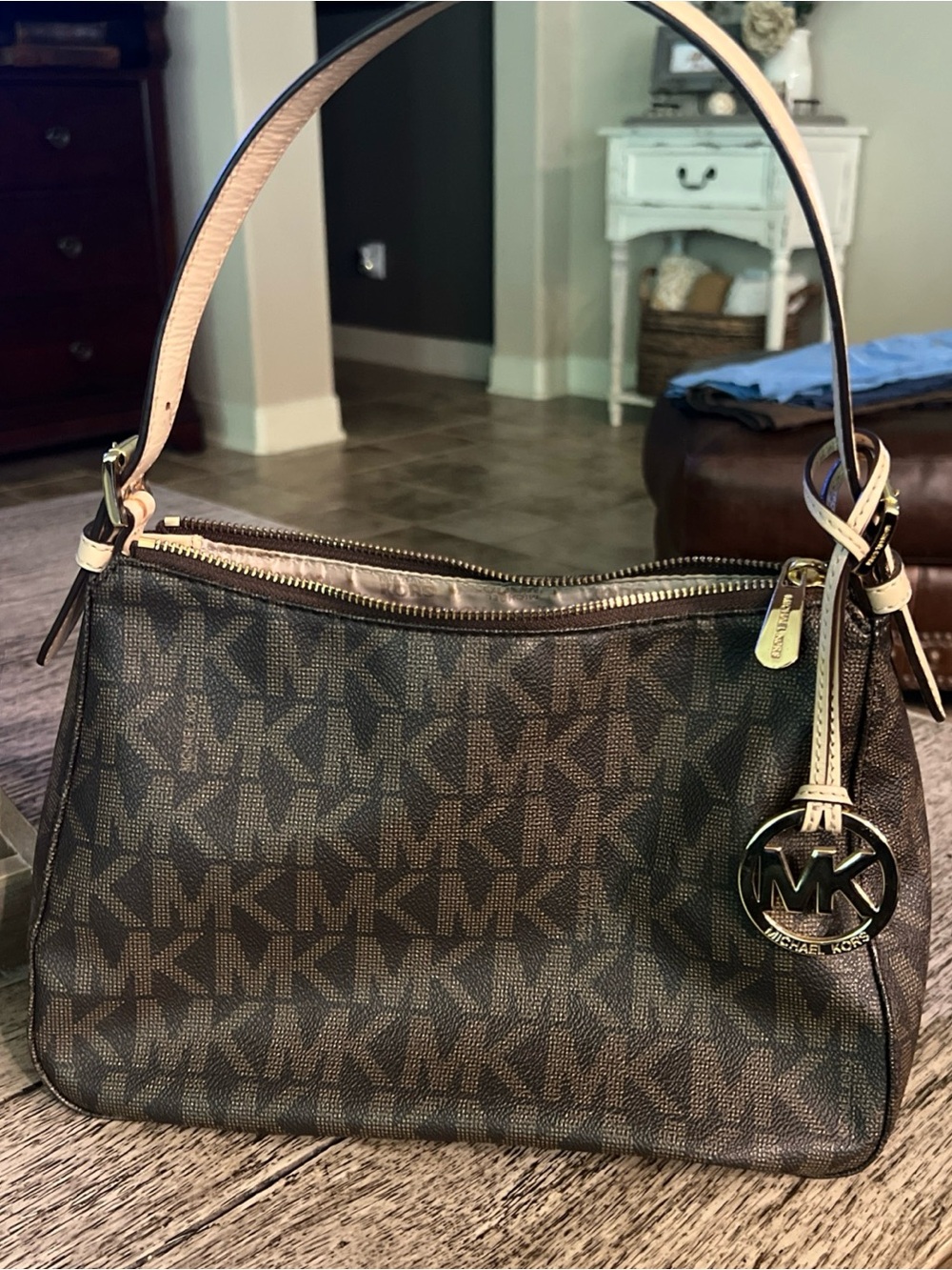 Michael Kors Brown MK Logo Jet Set Shoulder Bag with Beige Trim